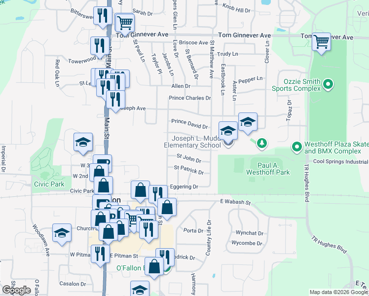 map of restaurants, bars, coffee shops, grocery stores, and more near 410 Prince Ruppert Drive in O'Fallon