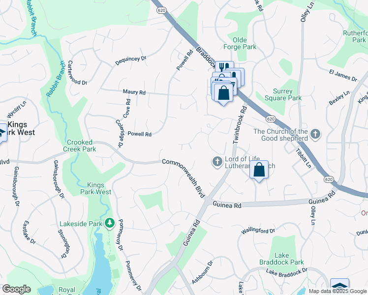 map of restaurants, bars, coffee shops, grocery stores, and more near 9651 Boyett Court in Fairfax