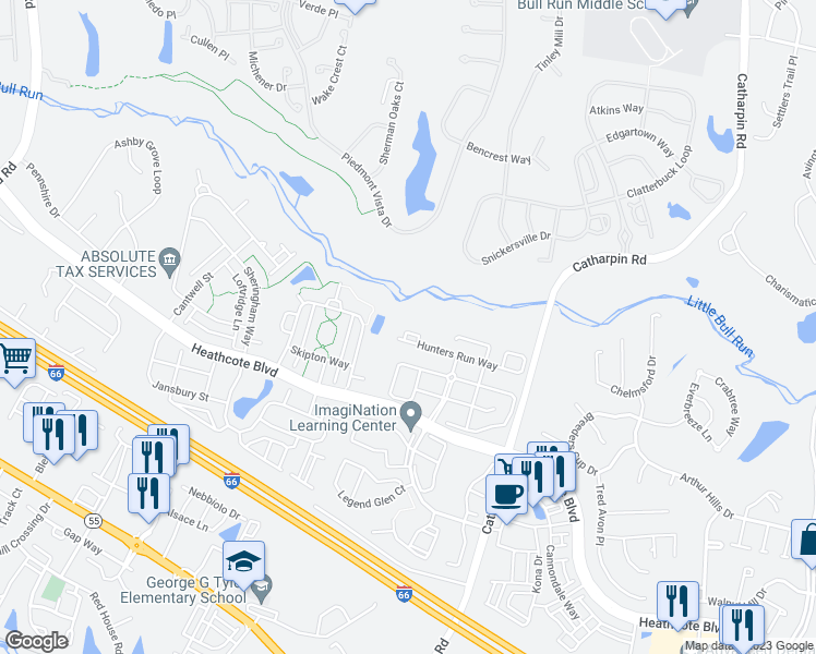 map of restaurants, bars, coffee shops, grocery stores, and more near 14258 Hunters Run Way in Gainesville