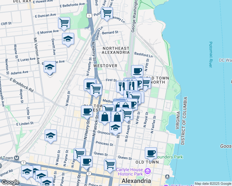 map of restaurants, bars, coffee shops, grocery stores, and more near 802 Montgomery Street in Alexandria
