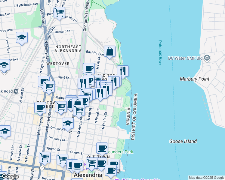 map of restaurants, bars, coffee shops, grocery stores, and more near 925 North Fairfax Street in Alexandria