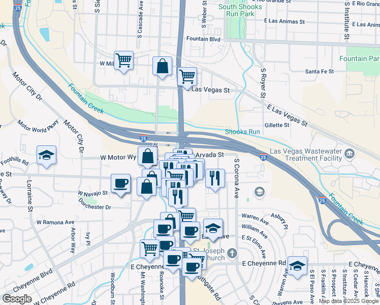 map of restaurants, bars, coffee shops, grocery stores, and more near 1331 South Nevada Avenue in Colorado Springs