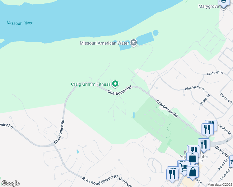 map of restaurants, bars, coffee shops, grocery stores, and more near 4233 Charbonier Road in Florissant