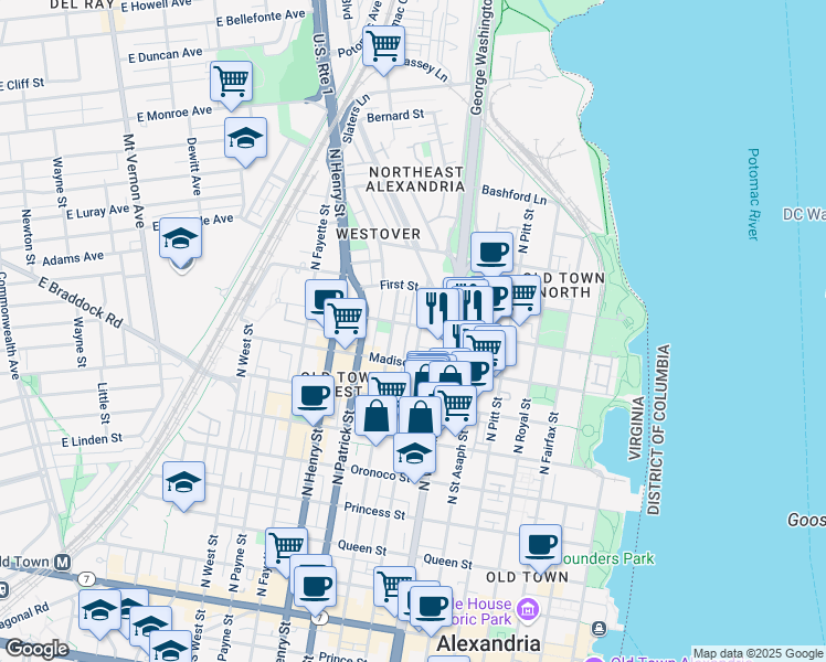 map of restaurants, bars, coffee shops, grocery stores, and more near 806 Montgomery Street in Alexandria