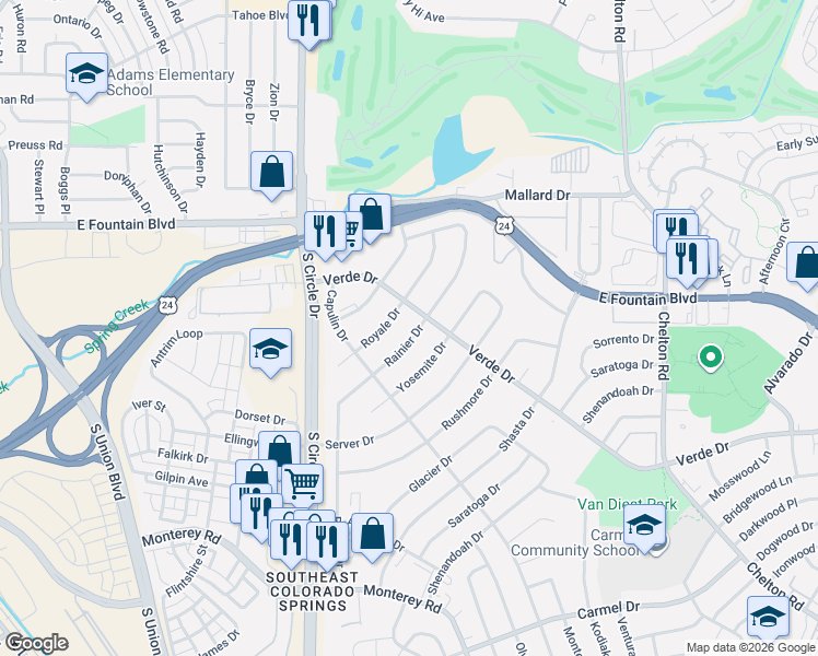 map of restaurants, bars, coffee shops, grocery stores, and more near 1216 Rainier Drive in Colorado Springs