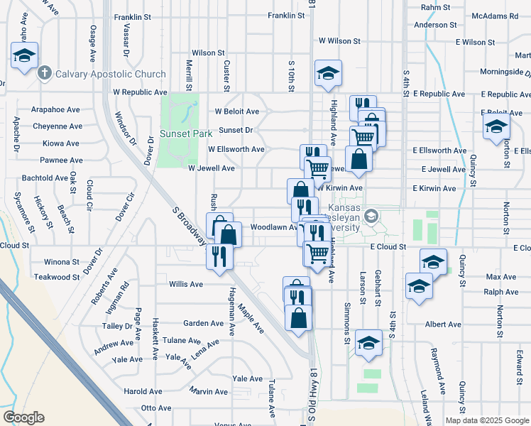 map of restaurants, bars, coffee shops, grocery stores, and more near 349 W Claflin Ave in Salina