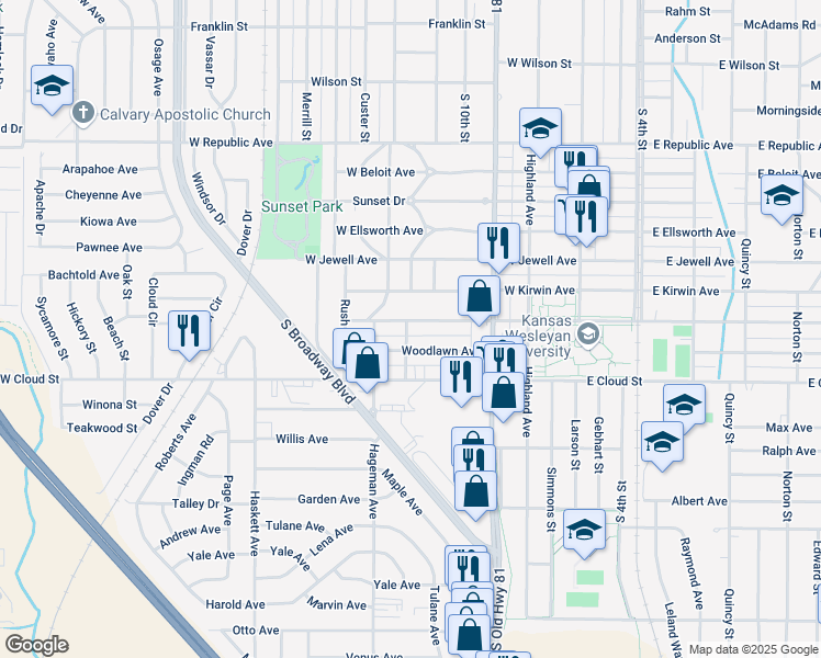 map of restaurants, bars, coffee shops, grocery stores, and more near 349 West Claflin Avenue in Salina