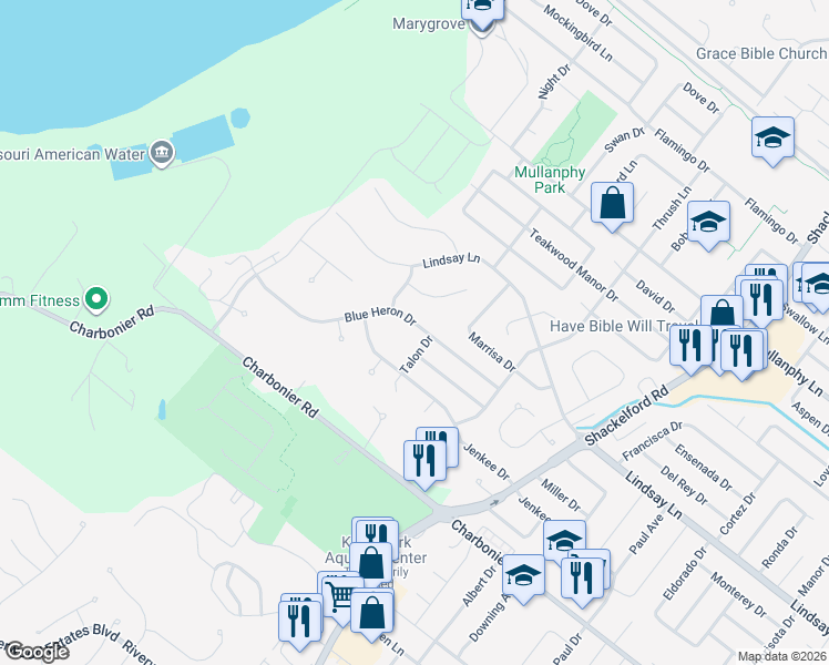 map of restaurants, bars, coffee shops, grocery stores, and more near 2404 Blue Heron Drive in Florissant