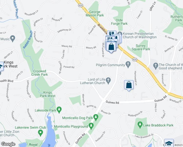 map of restaurants, bars, coffee shops, grocery stores, and more near 9651 Boyett Court in Fairfax