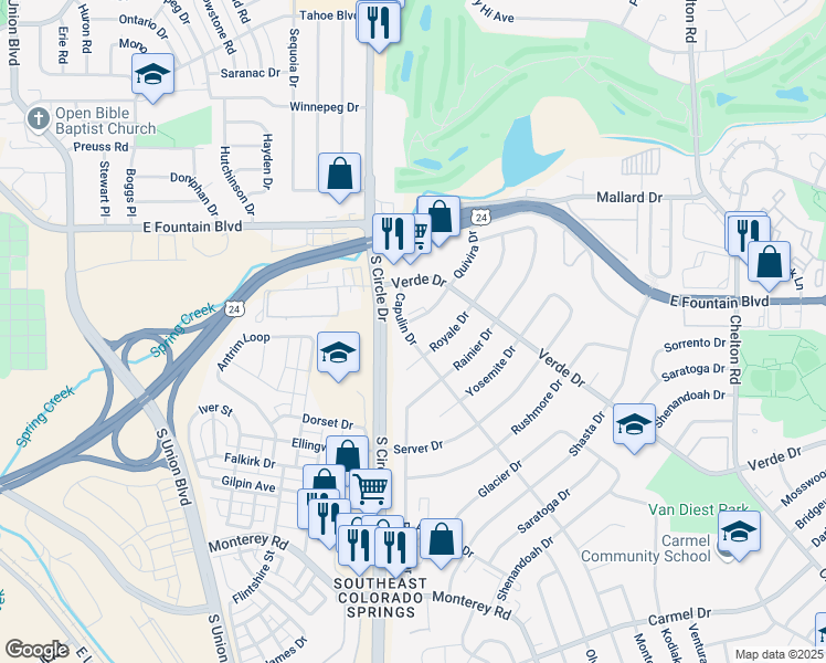 map of restaurants, bars, coffee shops, grocery stores, and more near 1206 Capulin Drive in Colorado Springs