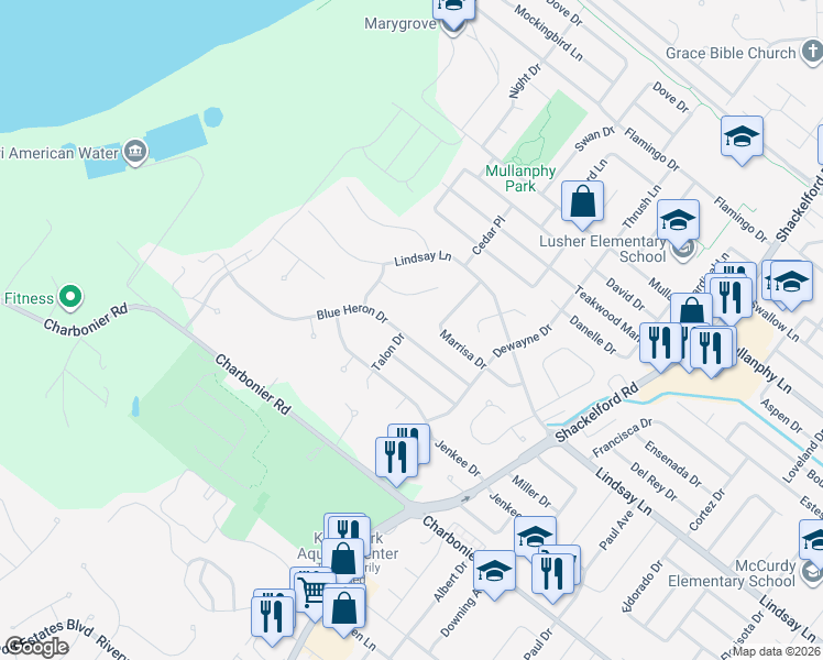 map of restaurants, bars, coffee shops, grocery stores, and more near 2353 Blue Heron Drive in Florissant