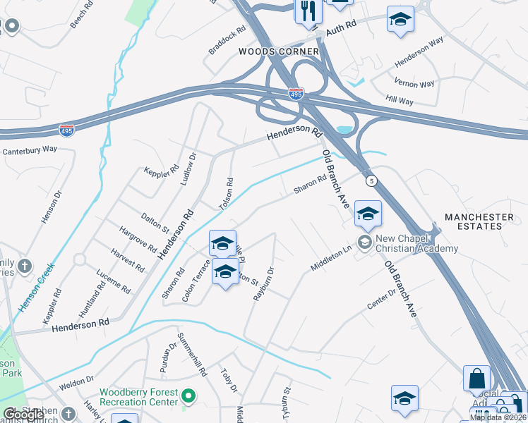 map of restaurants, bars, coffee shops, grocery stores, and more near 4915 Sharon Road in Temple Hills