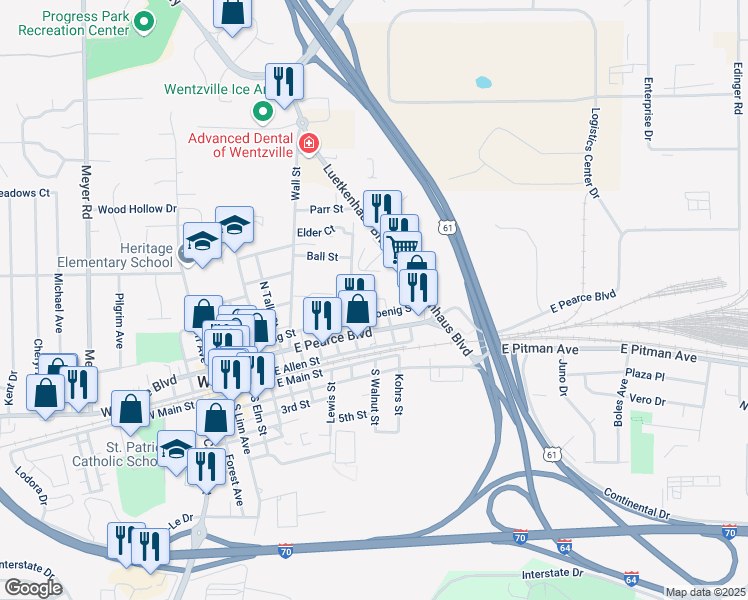 map of restaurants, bars, coffee shops, grocery stores, and more near 610 Lincoln Street in Wentzville