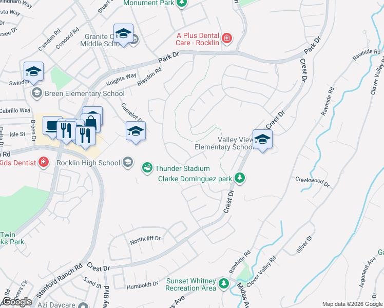 map of restaurants, bars, coffee shops, grocery stores, and more near 4406 Vivien Way in Rocklin