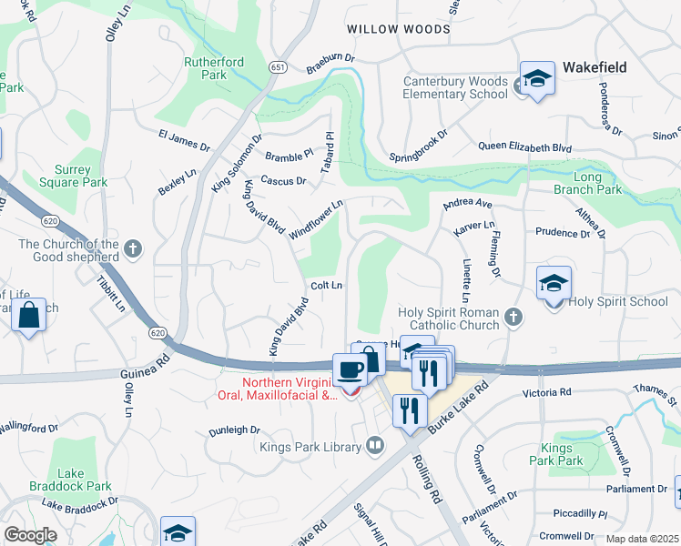 map of restaurants, bars, coffee shops, grocery stores, and more near 5020 Red Fox Drive in Annandale