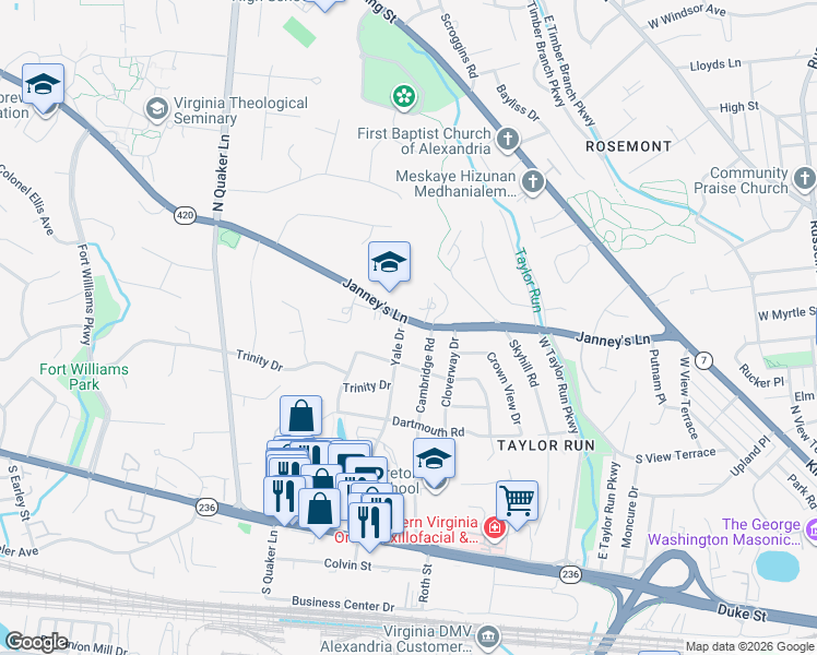 map of restaurants, bars, coffee shops, grocery stores, and more near 1004 Janneys Lane in Alexandria