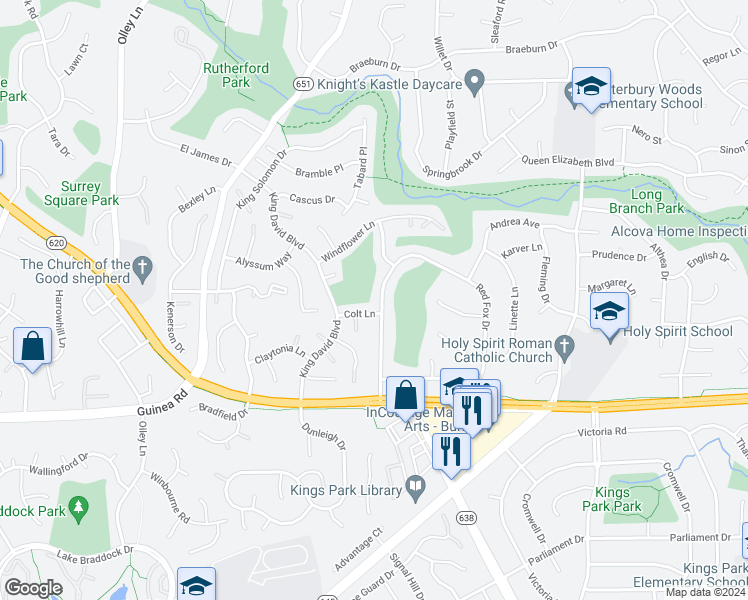 map of restaurants, bars, coffee shops, grocery stores, and more near 5020 Red Fox Drive in Annandale