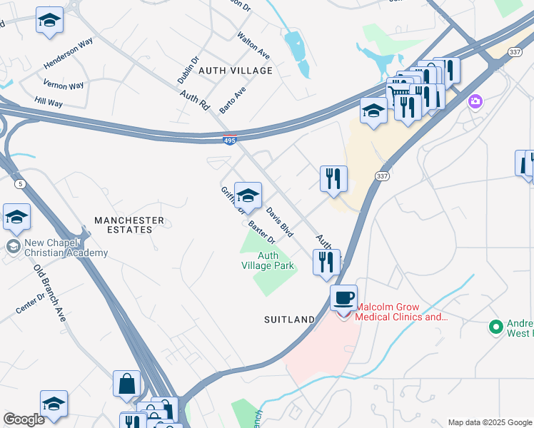 map of restaurants, bars, coffee shops, grocery stores, and more near 6203 Davis Boulevard in Camp Springs