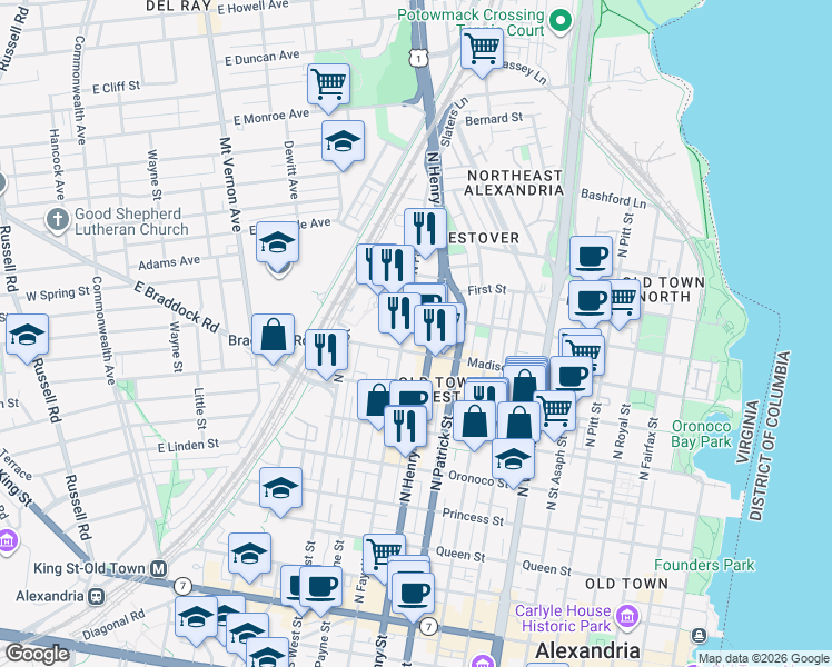 map of restaurants, bars, coffee shops, grocery stores, and more near 1111 Belle Pre Way in Alexandria