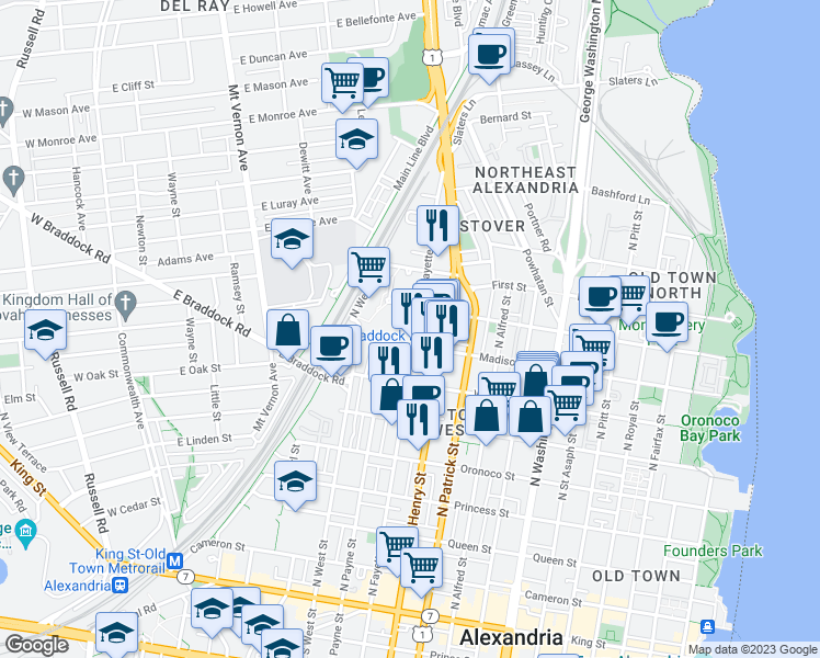 map of restaurants, bars, coffee shops, grocery stores, and more near 818 North Fayette Street in Alexandria