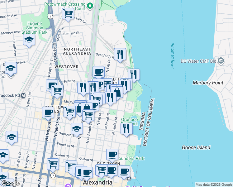 map of restaurants, bars, coffee shops, grocery stores, and more near 901 North Royal Street in Alexandria