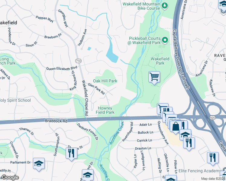 map of restaurants, bars, coffee shops, grocery stores, and more near 8313 Highcliffe Court in Annandale