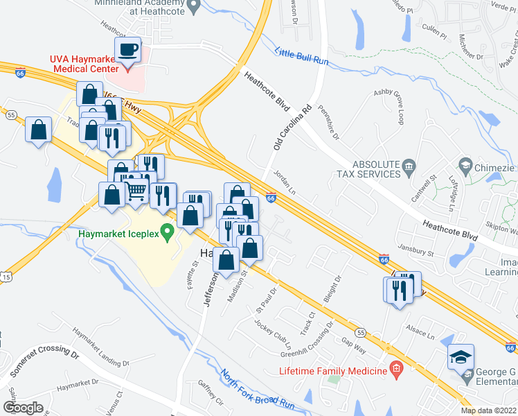map of restaurants, bars, coffee shops, grocery stores, and more near 6606 Brave Court in Haymarket