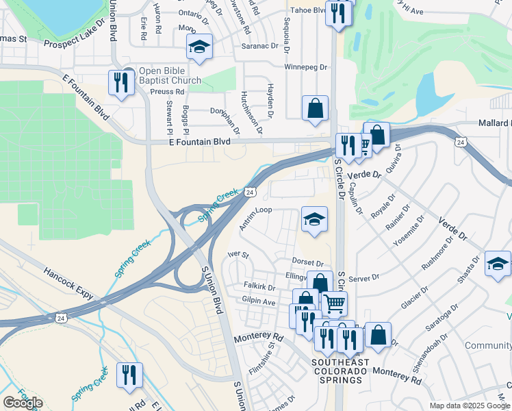 map of restaurants, bars, coffee shops, grocery stores, and more near 1097 Antrim Loop in Colorado Springs