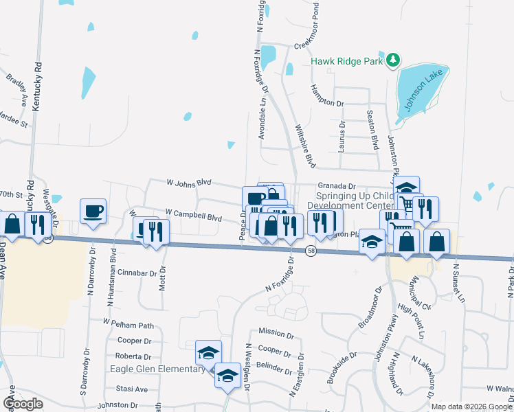 map of restaurants, bars, coffee shops, grocery stores, and more near 505 Andypaul Court in Raymore