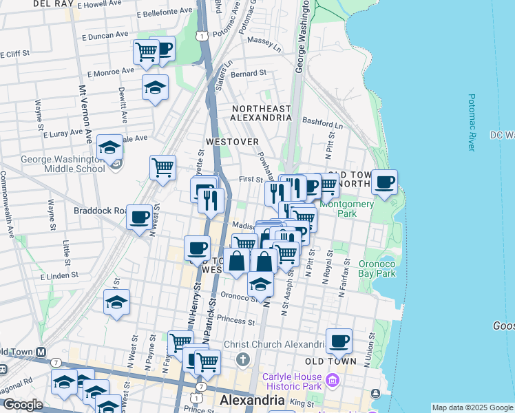 map of restaurants, bars, coffee shops, grocery stores, and more near 806 Montgomery Street in Alexandria
