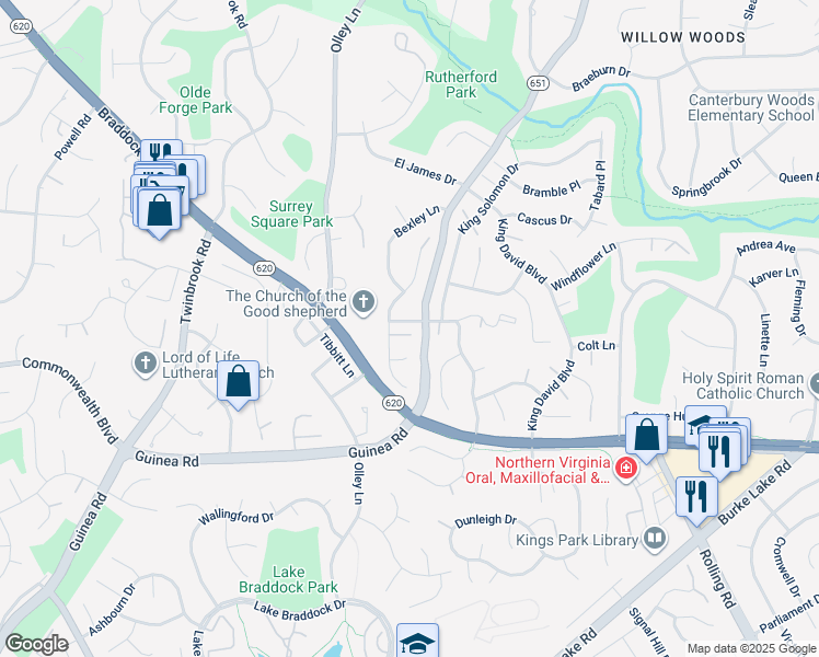 map of restaurants, bars, coffee shops, grocery stores, and more near 9303 Burnetta Drive in Fairfax