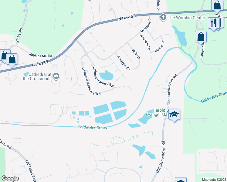 map of restaurants, bars, coffee shops, grocery stores, and more near 361 Behlmann Meadows Way in Florissant