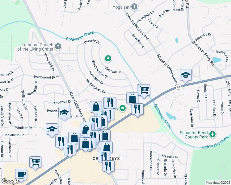 map of restaurants, bars, coffee shops, grocery stores, and more near 3062 Wintergreen Drive in Florissant
