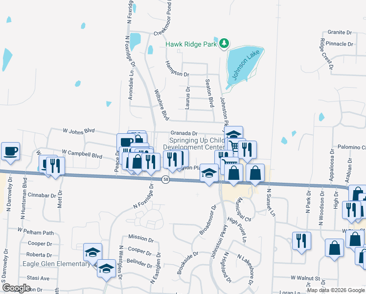 map of restaurants, bars, coffee shops, grocery stores, and more near 1109 Kaycee Drive in Raymore