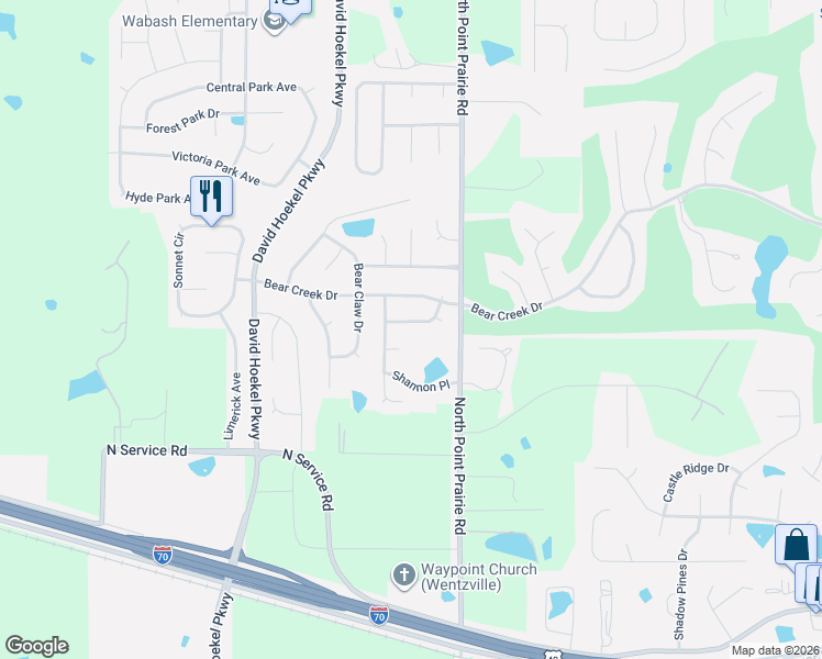 map of restaurants, bars, coffee shops, grocery stores, and more near 308 Open Country Drive in Wentzville