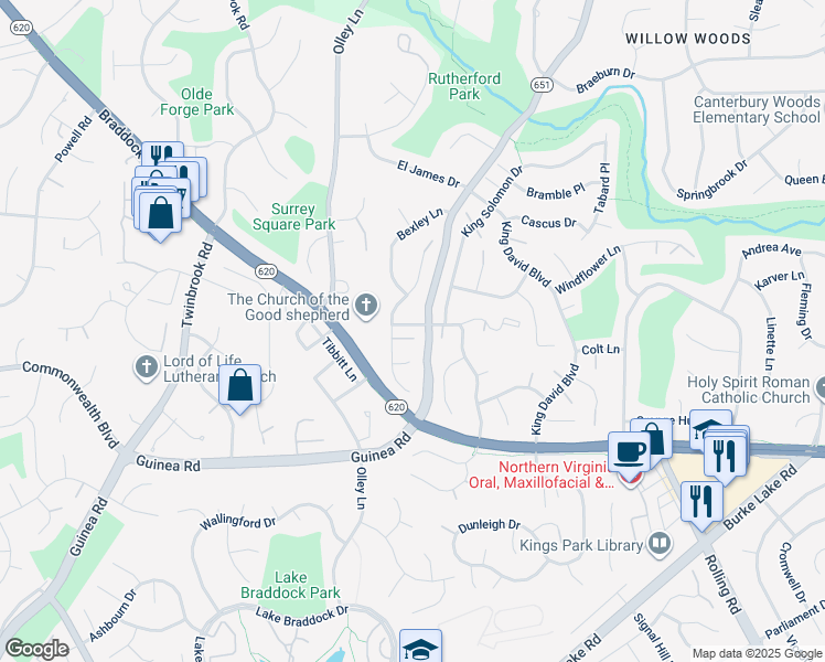 map of restaurants, bars, coffee shops, grocery stores, and more near 9303 Burnetta Drive in Fairfax