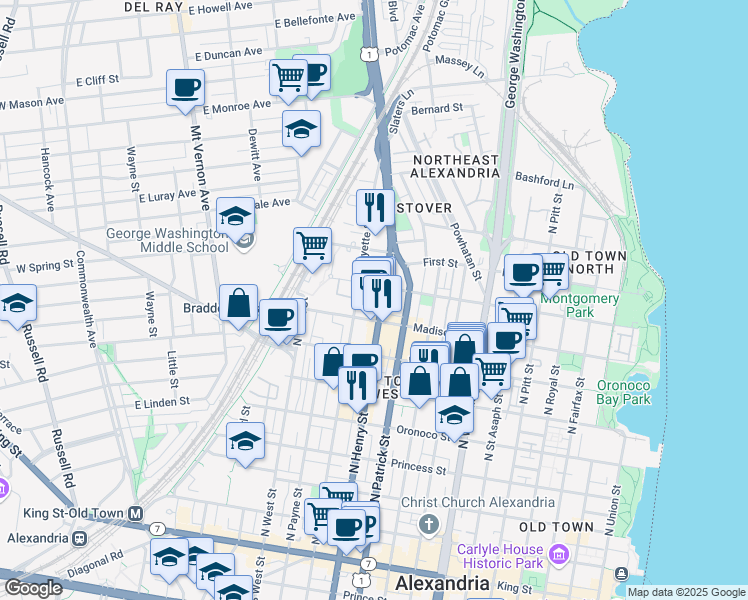 map of restaurants, bars, coffee shops, grocery stores, and more near 1111 Belle Pre Way in Alexandria
