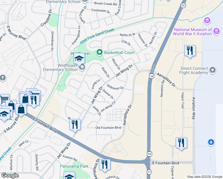 map of restaurants, bars, coffee shops, grocery stores, and more near 4942 Dewar Drive in Colorado Springs