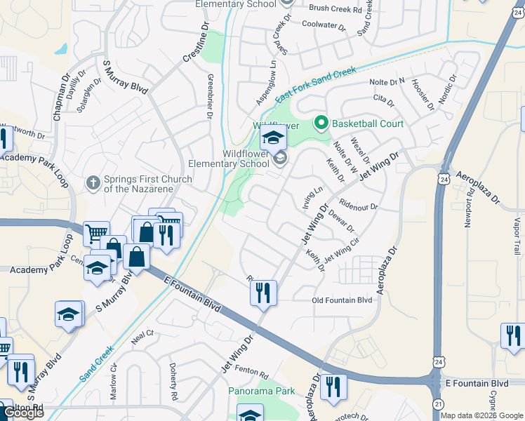 map of restaurants, bars, coffee shops, grocery stores, and more near 1285 Keith Drive in Colorado Springs