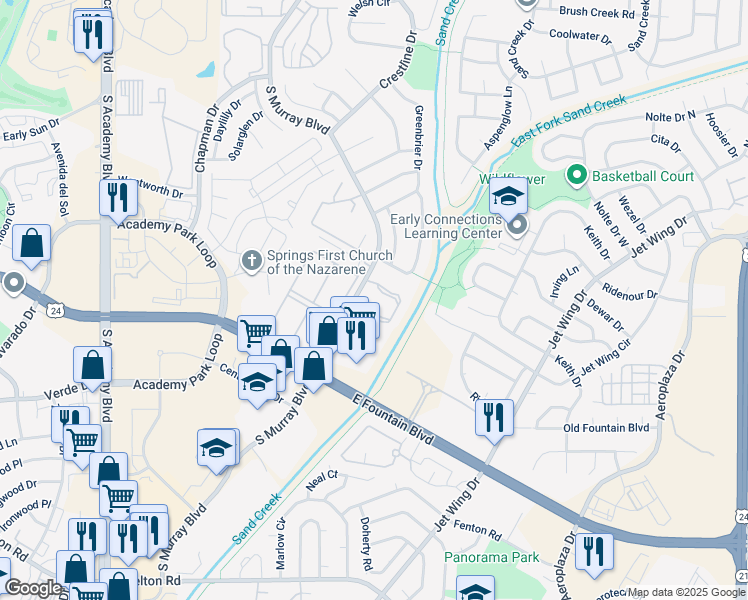 map of restaurants, bars, coffee shops, grocery stores, and more near 1365 Firefly Circle in Colorado Springs