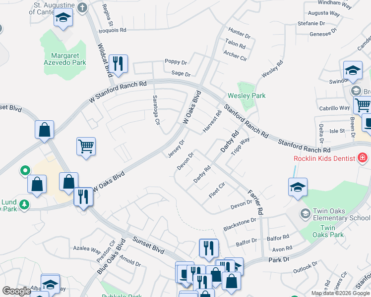 map of restaurants, bars, coffee shops, grocery stores, and more near 5720 Jersey Drive in Rocklin
