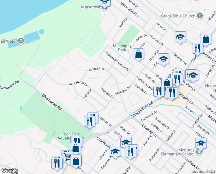 map of restaurants, bars, coffee shops, grocery stores, and more near 2231 Marrisa Drive in Florissant