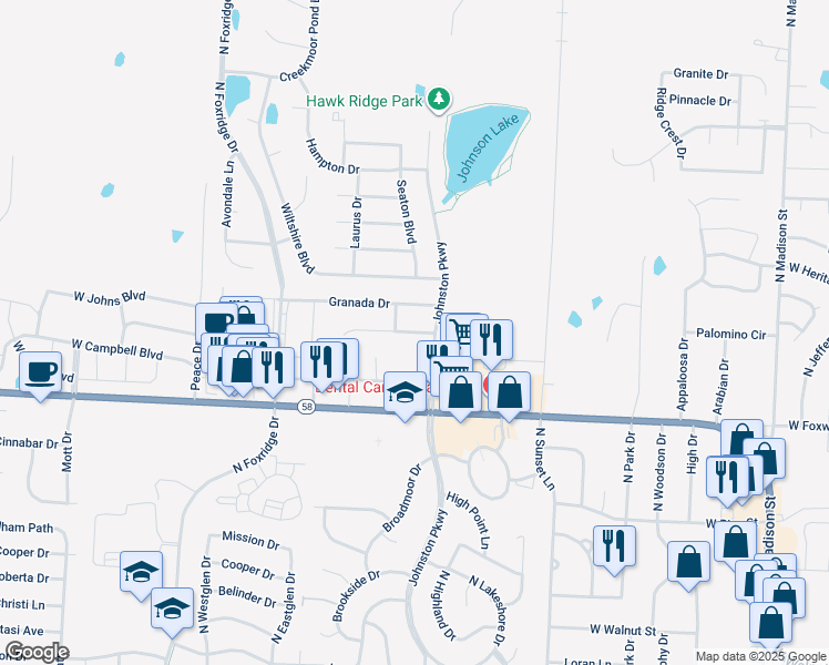 map of restaurants, bars, coffee shops, grocery stores, and more near 1001 Kaycee Drive in Raymore