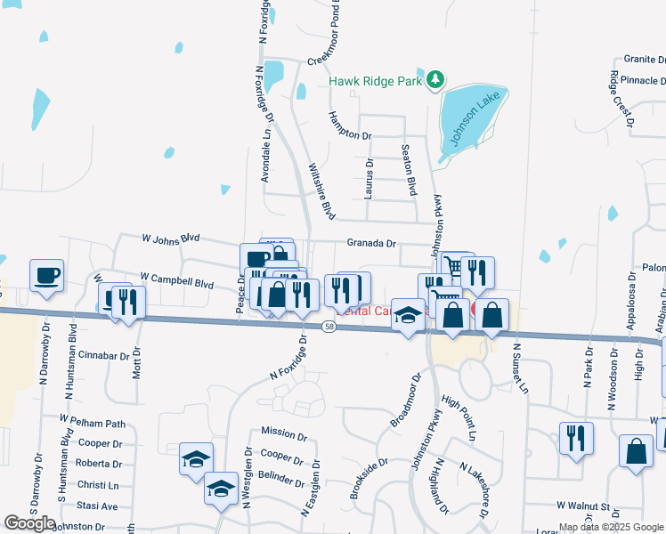 map of restaurants, bars, coffee shops, grocery stores, and more near 510 Allen Court in Raymore