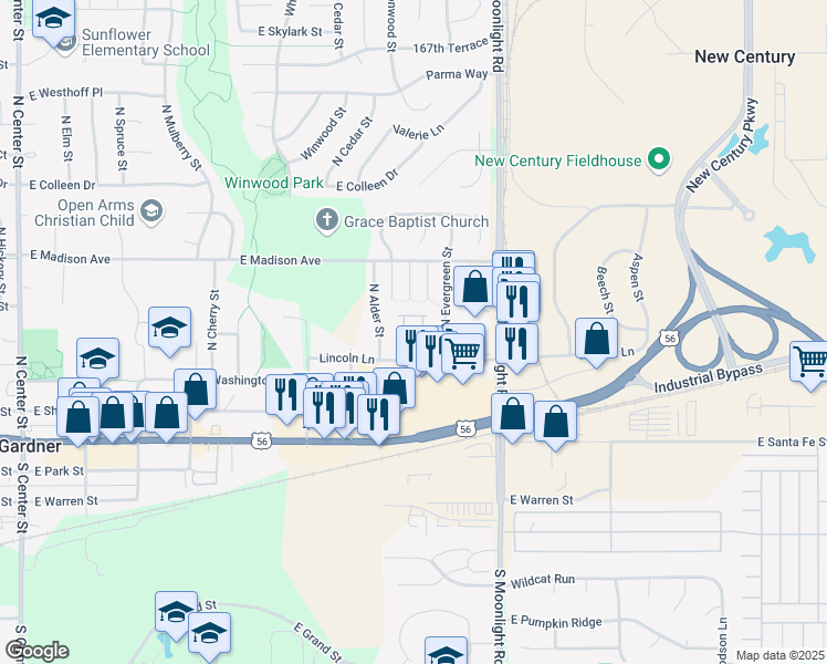 map of restaurants, bars, coffee shops, grocery stores, and more near 715 East Lincoln Lane in Gardner