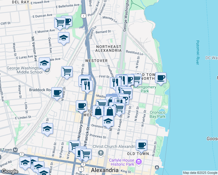 map of restaurants, bars, coffee shops, grocery stores, and more near 802 Montgomery Street in Alexandria