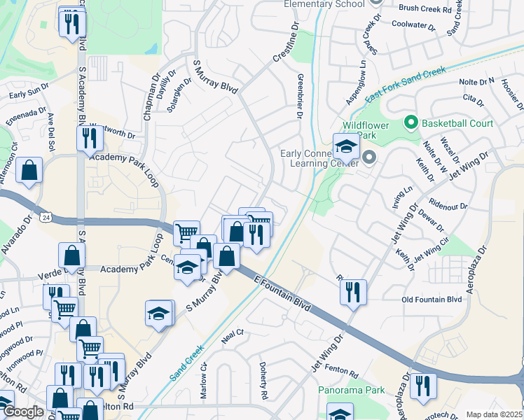 map of restaurants, bars, coffee shops, grocery stores, and more near 1364 Firefly Circle in Colorado Springs