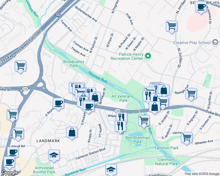 map of restaurants, bars, coffee shops, grocery stores, and more near 287 North Pickett Street in Alexandria