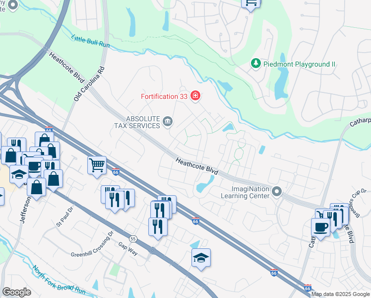 map of restaurants, bars, coffee shops, grocery stores, and more near 18024 Densworth Mews in Gainesville