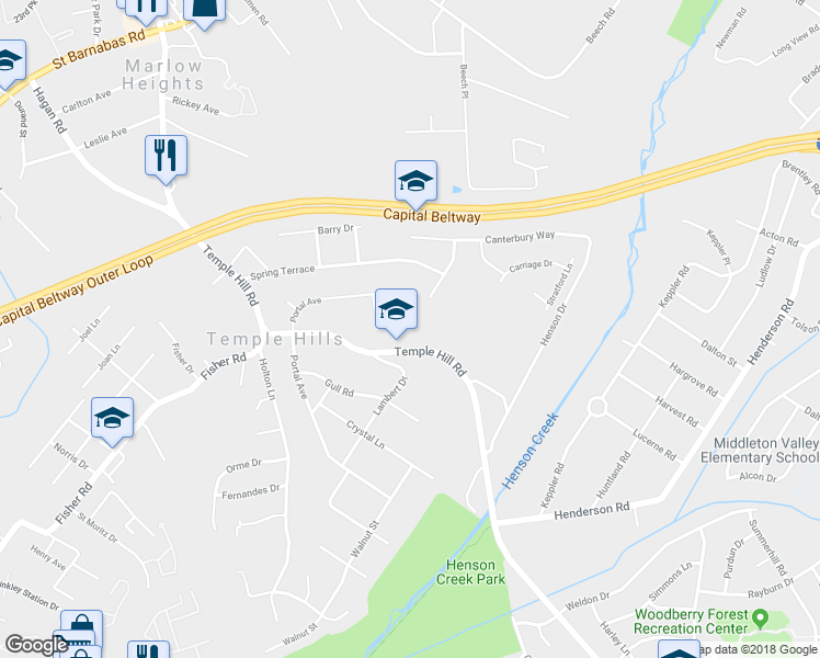 map of restaurants, bars, coffee shops, grocery stores, and more near 5204 Temple Hill Road in Temple Hills